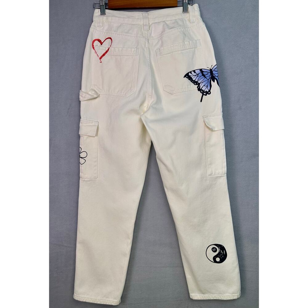 PacSun Sketchbook High Rise Carpenter Cargo Jeans Cream Doodle Size 27 - Picture 3 of 12